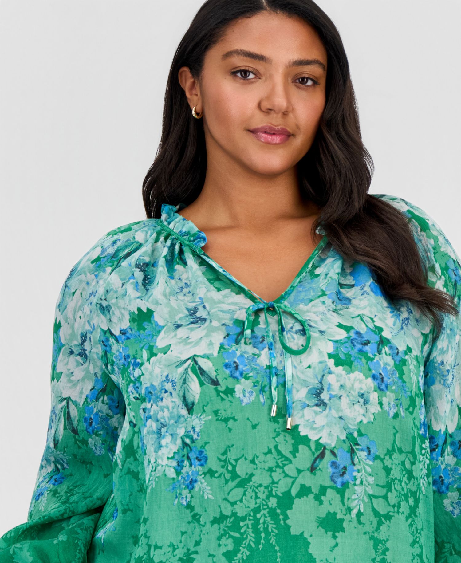 ASL Plus Size Long-Sleeve Floral Bow Blouse