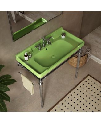 36" Bathroom Console Sink with Green Ceramic Vanity, Wall Mounted Basin & Stainless Steel Legs, Towel Bar Included