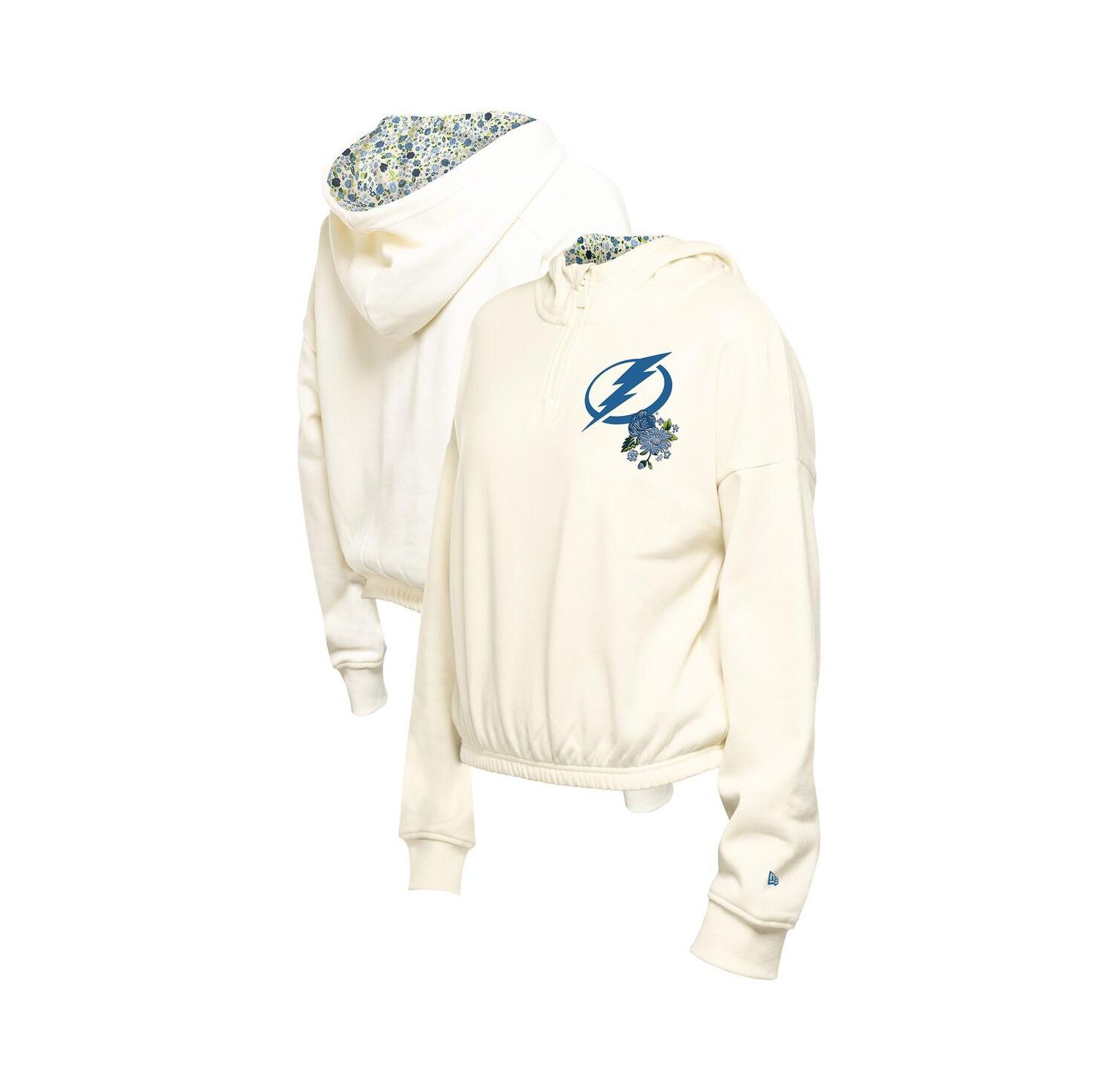 Women's Cream Tampa Bay Lightning Glam Game Quarter-Zip Cropped Floral Hoodie Pullover