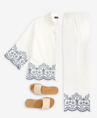 Women's Embroidered Button-Front Shirt & Cropped Pull-On Pants