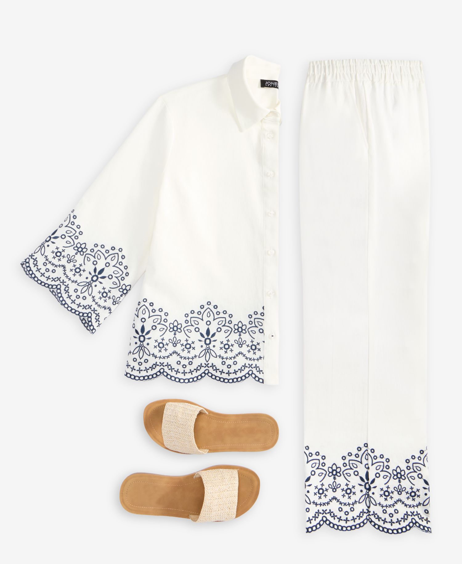 Women's Embroidered Cropped Linen-Blend Pull-On Pants