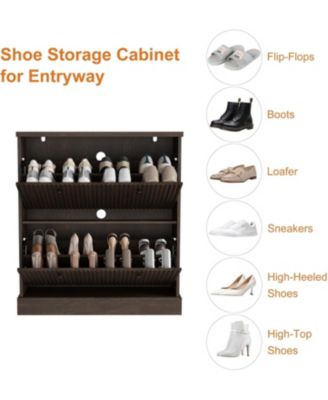 Fluted Shoe Cabinet with 2 Flip Drawers Narrow Cabinet with Adjustable Shelves and Elegant Handles Wooden Shoe Organizer for Entryway Hallway