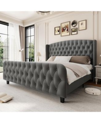 King Size Bed Frame with 51'' Tall Wingback Headboard, Velvet Upholstered Platform Bed Frames with Strong Wood Slats Support, Noise Free