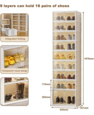 9 Tier Foldable Shoe Rack Organizer with Clear Doors - Storage for 18 Pairs Collapsible Shoe Cabinet for Entryway Living Room Closet