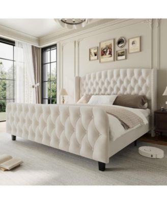 King Size Bed Frame with 51'' Tall Wingback Headboard, Velvet Upholstered Platform Bed Frames with Strong Wood Slats Support, Noise Free
