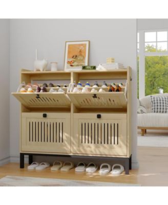 Modern 4 Turn Over Drawer Shoe Storage Cabinet - Adjustable Shelves Space-Saving Wooden Organizer Hollow-Out Panel