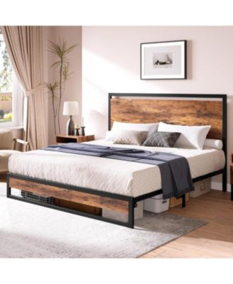 King Industrial Metal Bed Frame Headboard 12 Inch Under Bed Storage Platform Wood Slats No Box Spring Easy Assembly Noise-Free