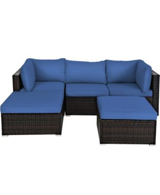 5PCS Rattan Patio Conversation Set Outdoor Furniture Set w/ Ottoman Navy Cushion