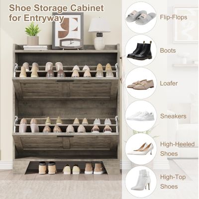 "Shoe cabinet with 2 flip drawers, freestanding slim organizer with hooks, narrow hidden shoe storage for entryway."