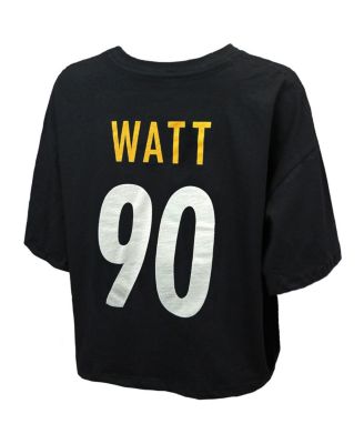 Women's T.J. Watt Black Pittsburgh Steelers Swarovski Crystals Boxy Cropped Name & Number T-Shirt