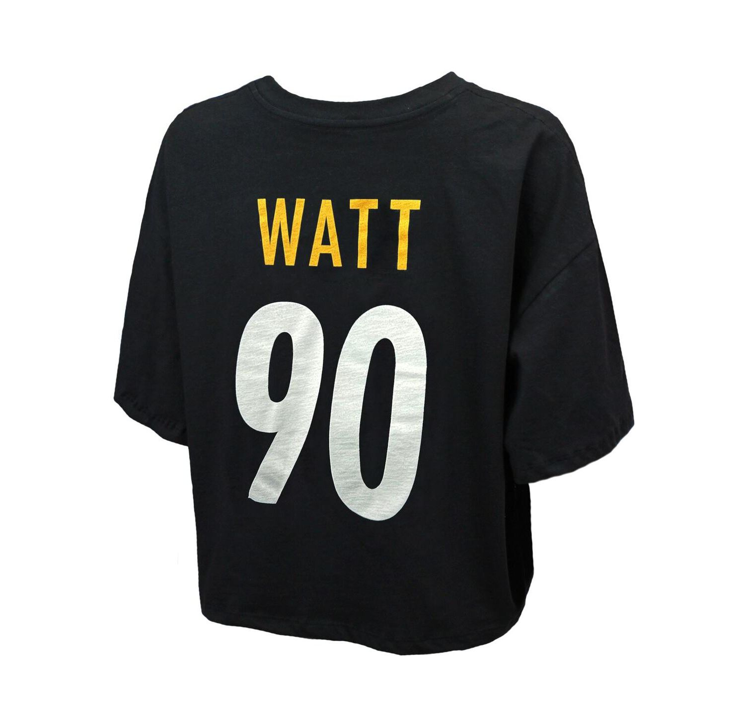 Women's T.J. Watt Black Pittsburgh Steelers Swarovski Crystals Boxy Cropped Name & Number T-Shirt