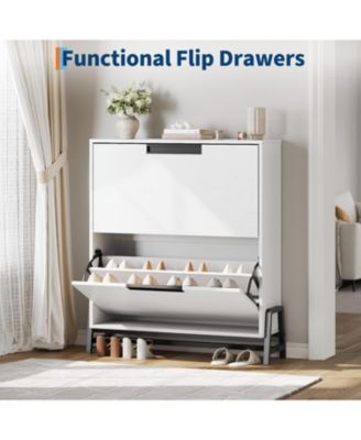 Narrow Hidden Shoe Storage Organizer with Top Decor Shelf Modern Shoe Cabinet with 2 Flip Drawers for Entryway and Hallway