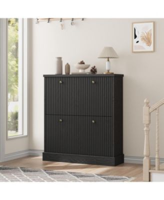 Fluted Shoe Cabinet with 2 Flip Drawers Narrow Cabinet with Adjustable Shelves