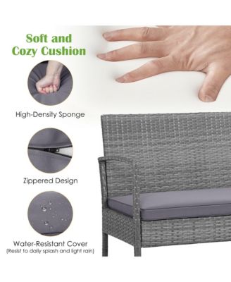 8PCS Rattan Patio Conversation Furniture Set w/ Acacia Wood Tabletop and Cushions