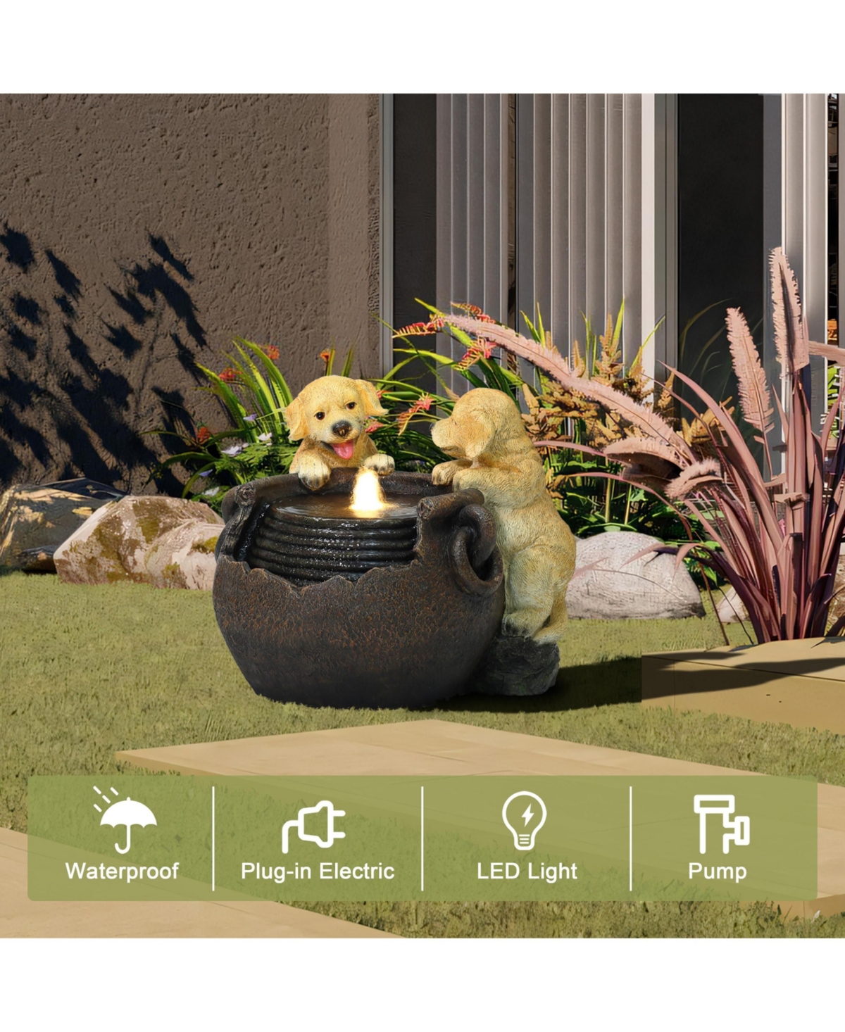 LuxenHome Puppy Love Farmhouse Resin Outdoor Fountain with Lights