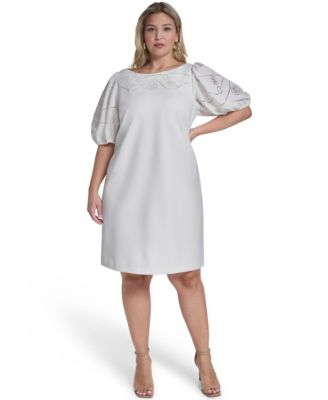 Plus Size Puff-Sleeve Boatneck Laser-Cut Dress