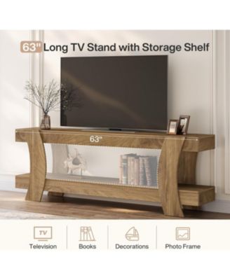 63" TV Stand with 2 Open Shelf, Farmhouse Wooden Media Console for 55/60/65/70-Inch TVs, Modern TV Console Entertainment Center