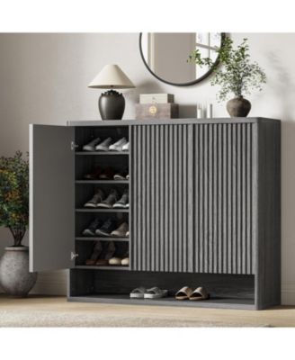 46 Inch Shoe Cabinet Large Shoe Storage Cabinet with Adjustable Shelves Wooden Shoe Organizer with Fluted Door Holds 30-35 Pairs for Entryway