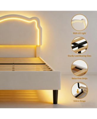 Twin Upholstered Bed Frame with Smart LED and Adjustable Bear Headboard, Velvet Princess Platform Bed, Wooden Slats Support Kids Bed