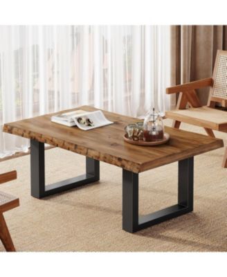 Solid Wood Coffee Table, Industrial Modern Coffee Table with Sturdy Metal Base, 47-Inch Large Accent Center
