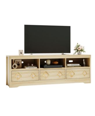 70in TV Stand for TVs Up to 85", Mid Century Modern Entertainment Center with Storage Engraving Drawer and Open Shelves