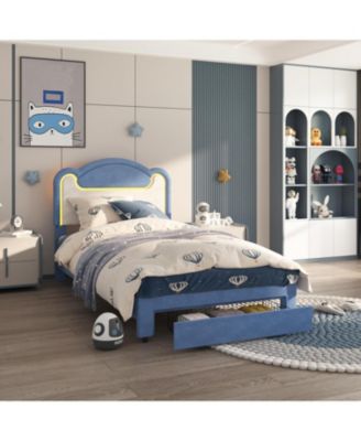 Size Upholstered Bed Frame with LED Lights & Storage Drawers, Fabric Headboard & Wood Slats, No Box Spring Needed, Princess Bed for Girls