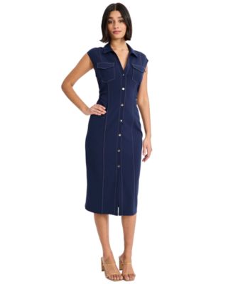 Women's Cap-Sleeve Button-Front Midi Dress