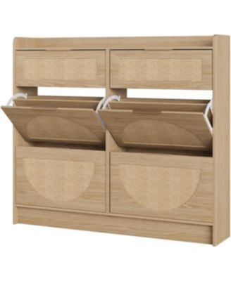 Rattan Shoe Storage Cabinet with 4 Flip Drawers and 2 Drawers, Freestanding Narrow Shoe Organizer for Entryway