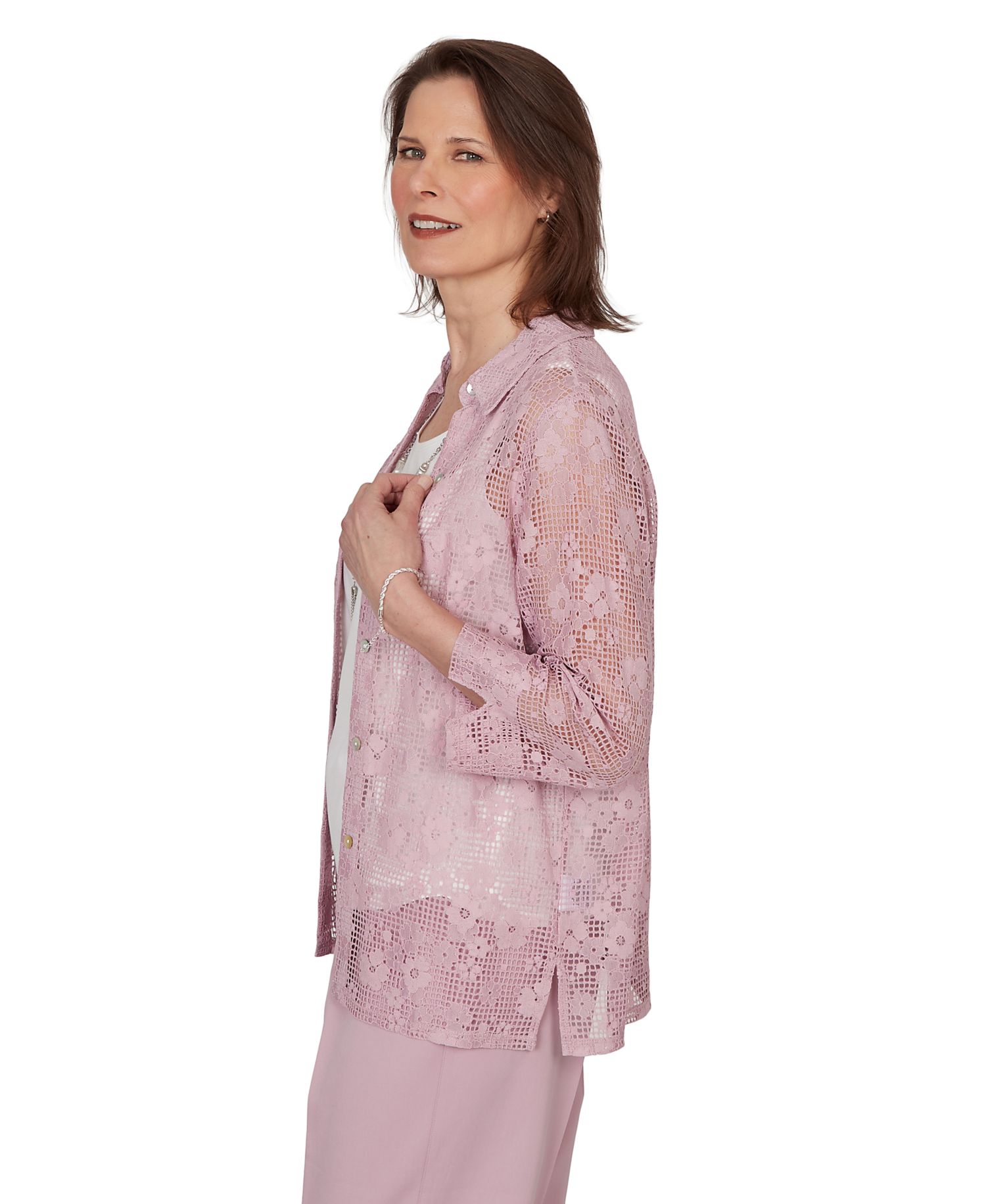 Petite Charm Floral Lace Two-In-One Collared Top with Necklace