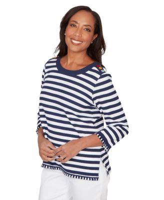 Petite Port Side Pique Stripe Button Detail Crew Neck Top