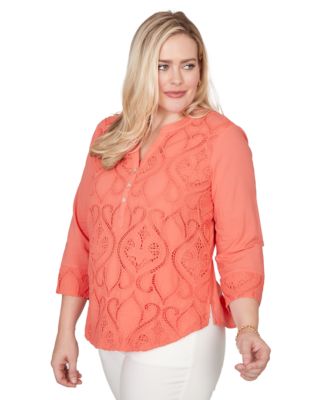 Petite Resort Living Textured Lace Scroll Split Neck Henley Top