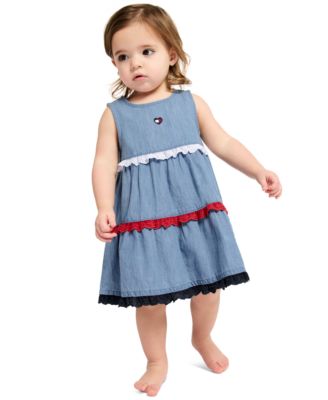 Baby Girls' Lace Trim Denim A-line Dress and Diaper Cover, 2-Piece Set