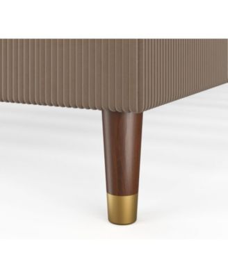 bed frame with upholstered corduroy headboard, strong wooden slats, platform design, no box spring