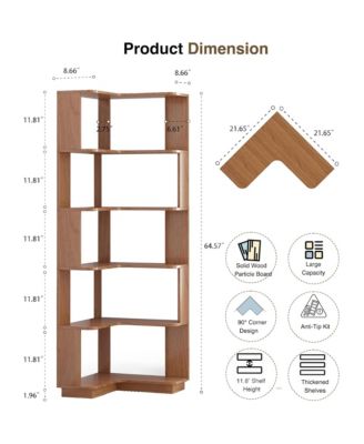 5 Tier L-Shaped Corner Bookshelf, Wooden Open Display Shelves and Storage Rack with Anti-Drop Panels for Living Room or Home Office