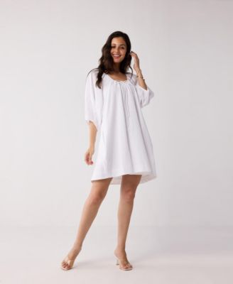Women's Puff Sleeved Dress with Drawstring Neckline