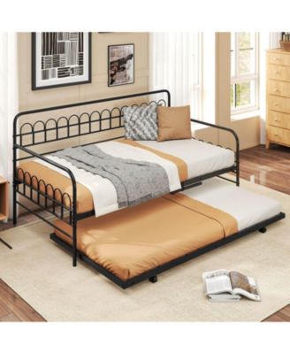 Daybed with Trundle Curved Backrest & Armrests Heavy-duty Metal Slats