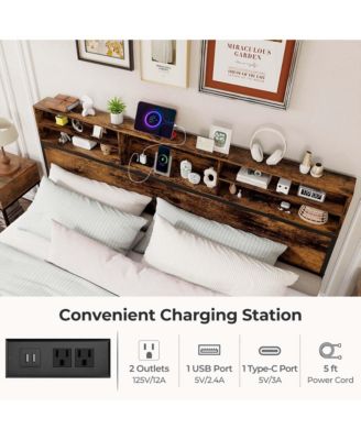 King Bed Frame with Charging Station Storage Headboard Under-bed Storage Space