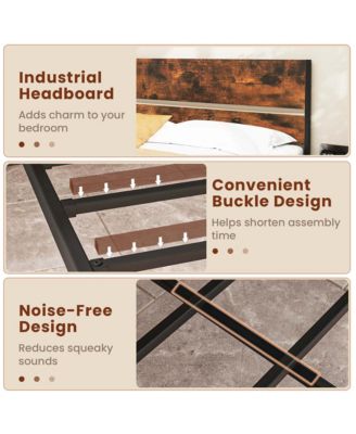 Queen Size Bed Frame with Wooden Headboard Under-Bed Storage No Box Spring Needed