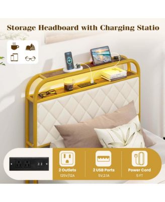 Twin Size Bed Frame with LED Lights & Charging Station Storage Headboard & Drawers