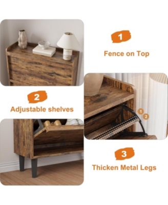 Shoe Cabinet with 2 Flip Drawers Narrow Cabinet with Adjustable and Removable Shelves Modern Wooden Shoe Organizer with Hidden Handle