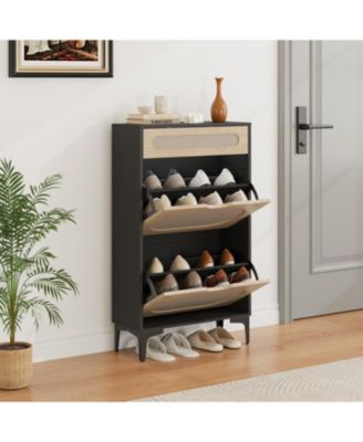 Shoe Cabinet Rattan Shoe Storage With 2 Flip Drawer and 1 Pull-Out Drawer Heavy Duty Metal Leg Adjustment Shelf Entryway Shoe Organizers