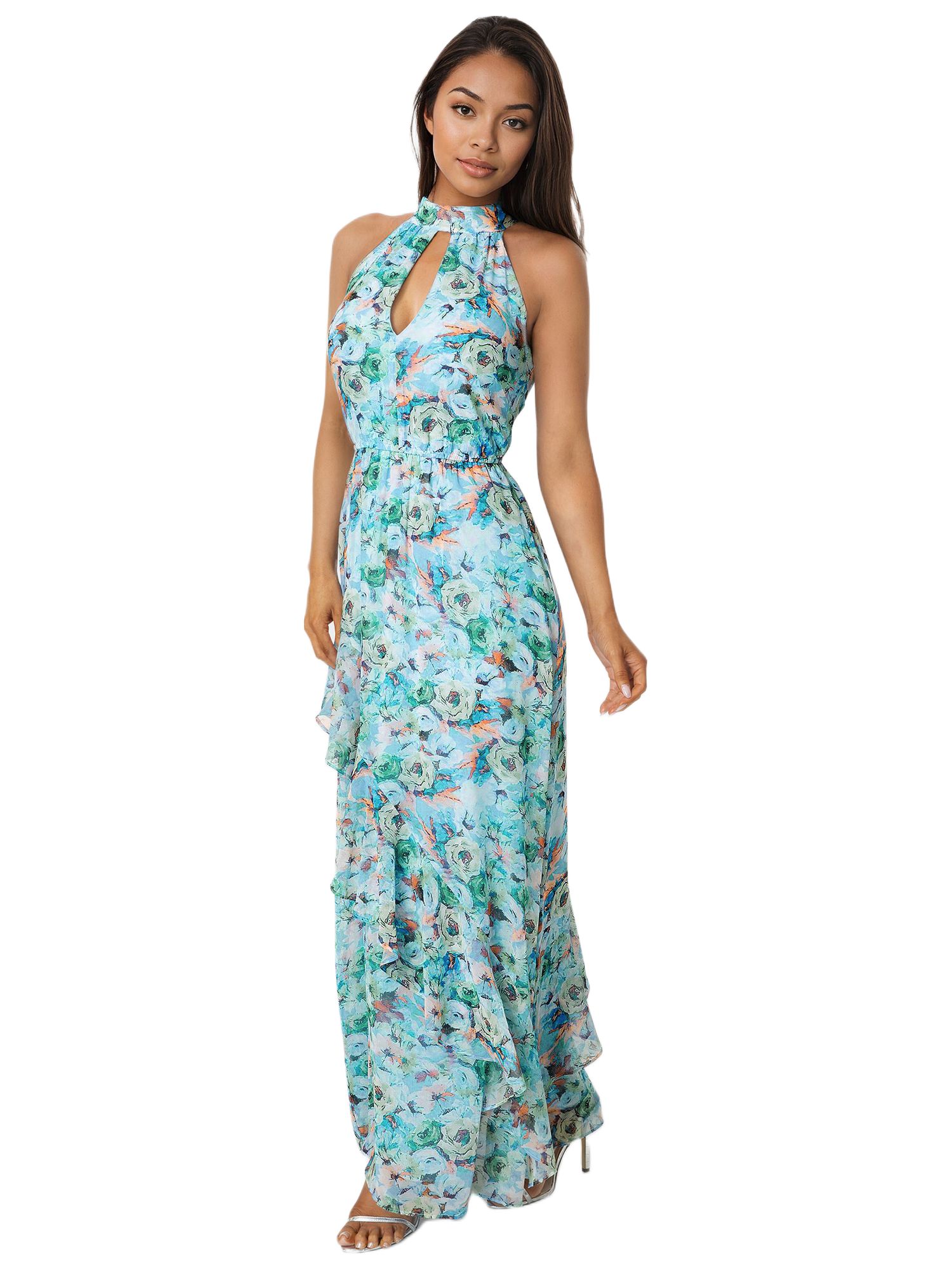 Womens Printed Chiffon Halter Ruffle Dress