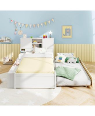 Twin Size Bed Frame with Trundle & Power Outlet Bookcase Headboard Sliding Doors