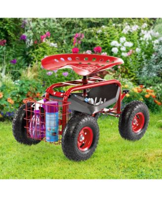Garden Cart Patio Wagon Rolling Work Seat with Tool Tray Basket Planting