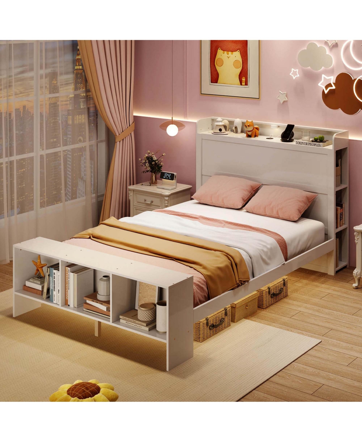 Costway Full Size Bed Frame with Storage Headboard & Footboard Led Bed Frame with 2 Usb Ports