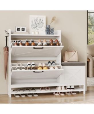 2 Flip Drawers Shoe Cabinet with Bench Narrow Entryway Shoe Storage Organizer Freestanding Shoe Rack with Metal Legs