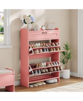 Shoe Cabinet with 2 Flip Drawers and 1 Top Drawer High-Gloss Painted Wood Shoe Organizer with Adjustable Shelves Freestanding Hidden Shoe