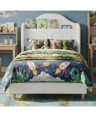 Twin Bed Frames for Kids, Wingback Velvet Platform Bed with LED Lights, Upholstered Storage Headboard, Wooden Slats Support