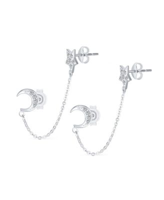 Celestial Moon & Star Pierced Cartilage & Ear Lobe Stud Earrings Sterling Silver