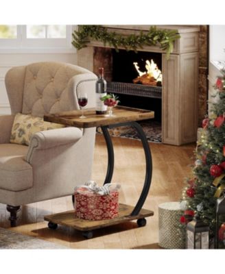 C-Shaped End Table, Industrial 2-Tier Small Side Table with Wheels, Wood Bedside Snack Couch Table with Metal Frame.